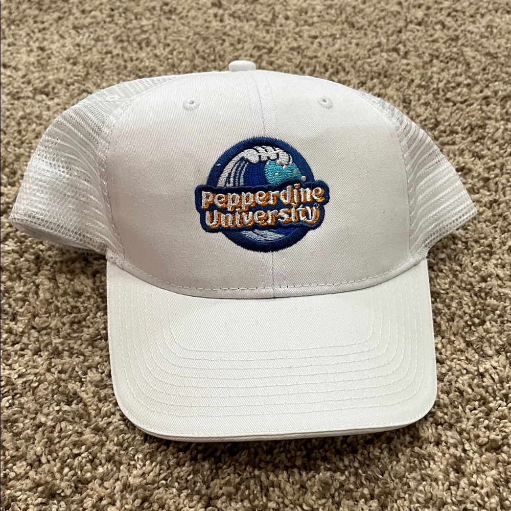 White Pepperdine University Trucker Hat Velcro adjustable